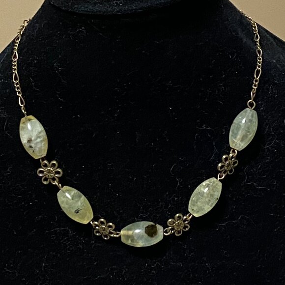 Natural Green Prehnite Necklace, Genuine Gemstones & Bronze Flower Chain - Picture 4 of 12